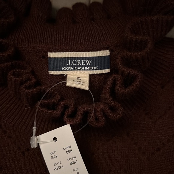 ❌SOLD❌NWT Jcrew Cashmere pointelle mockneck ruffle sweater - Midnight Burgundy - Picture 9 of 9
